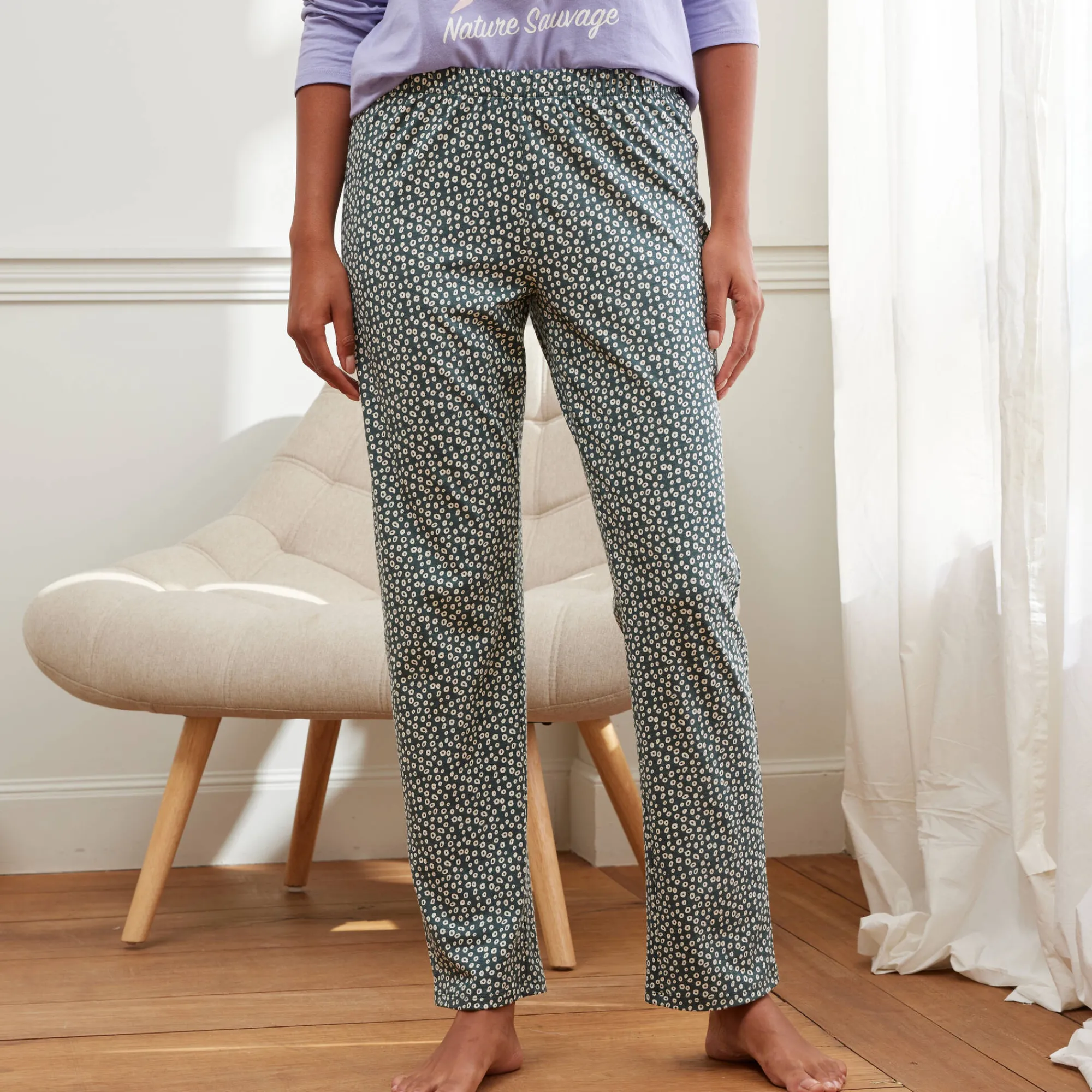 Pyjama<Blancheporte Broek met "Nature Sauvage" print groengrijs / ecru