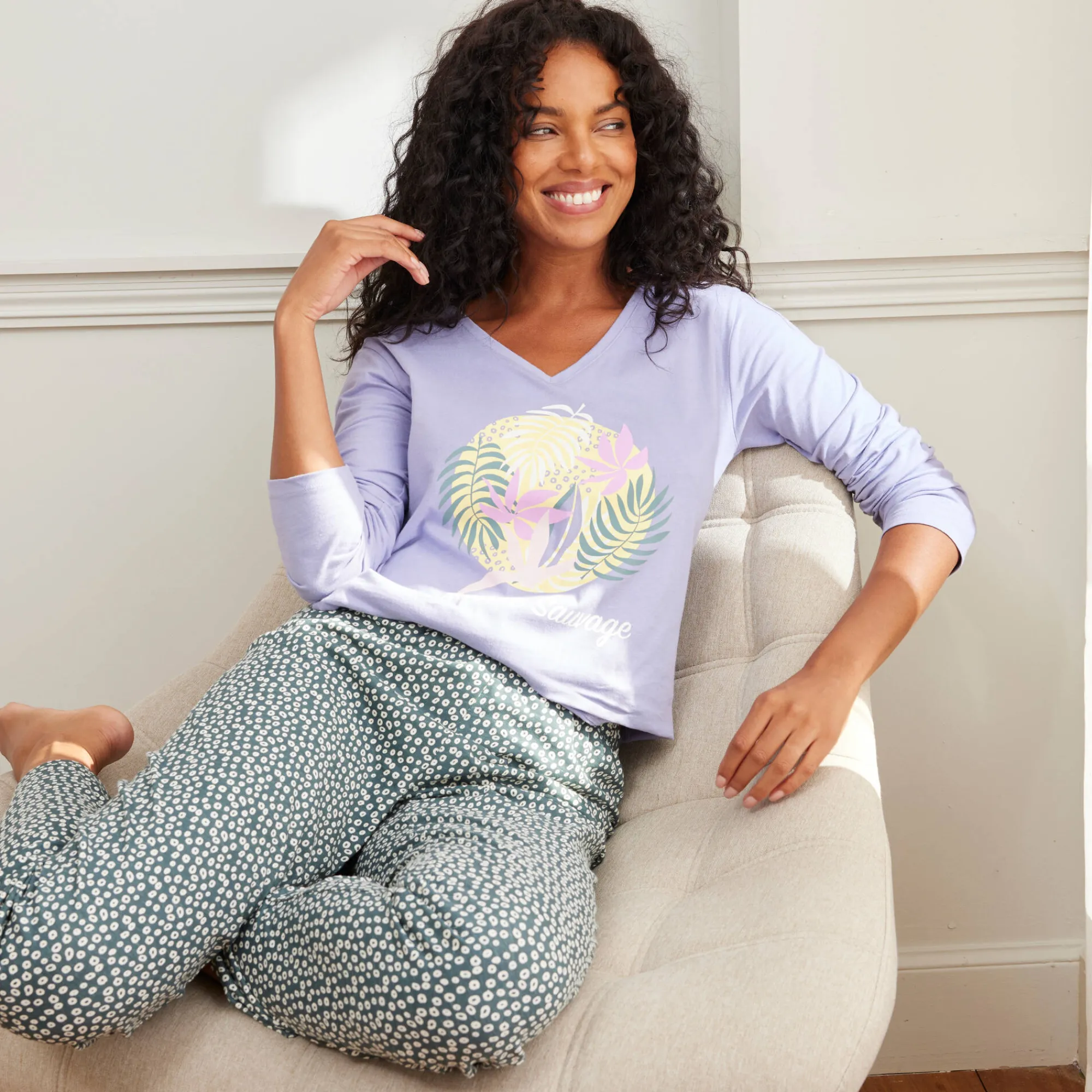 Pyjama<Blancheporte Broek met "Nature Sauvage" print groengrijs / ecru