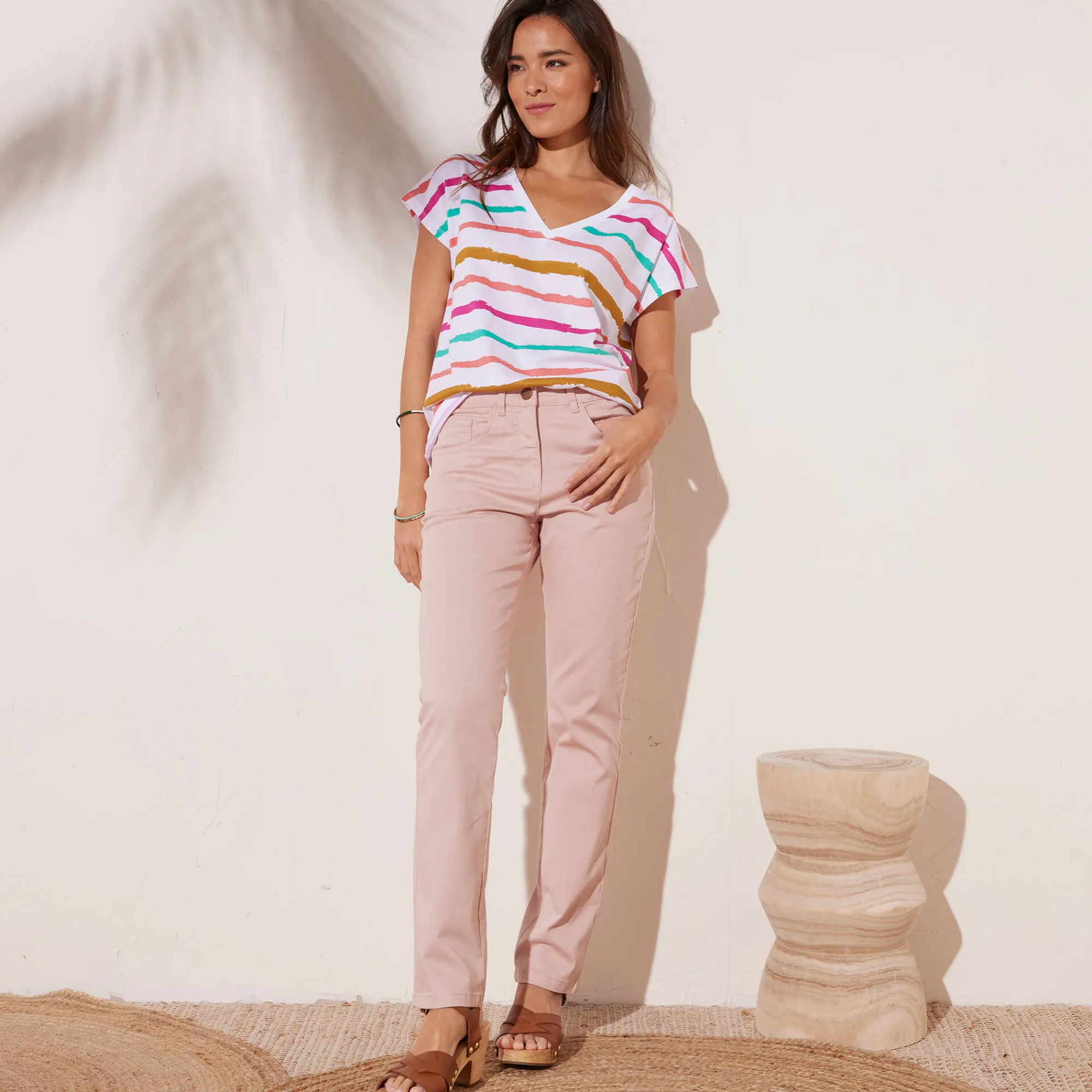 Broek<Blancheporte Broek met 'platte buik'-effect in rekbaar katoen poederroze