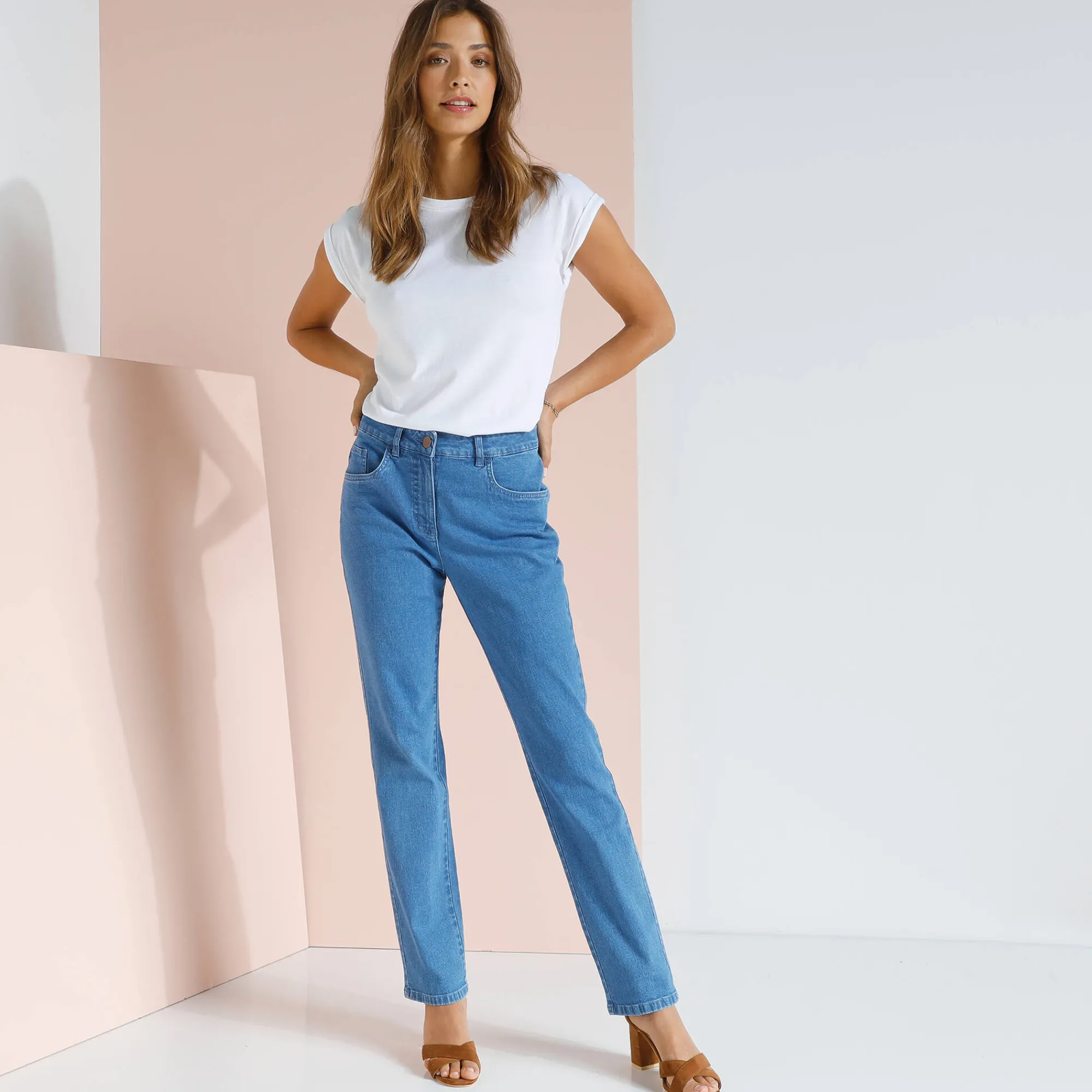 Broek<Blancheporte Broek met 'platte buik'-effect in rekbaar katoen bleached