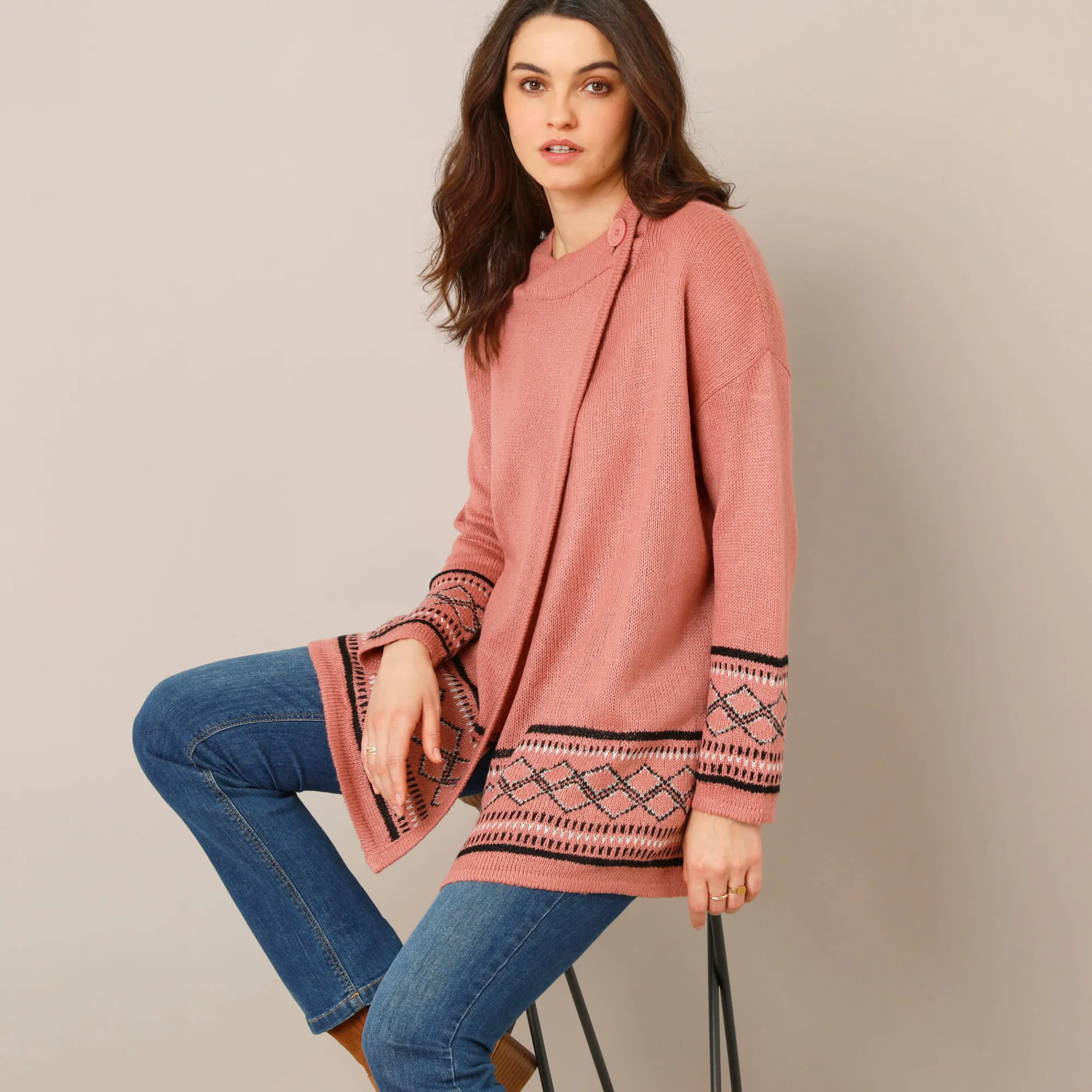 Trui En Vest<Blancheporte Capevest in jacquard, opstaande hals grijsroze