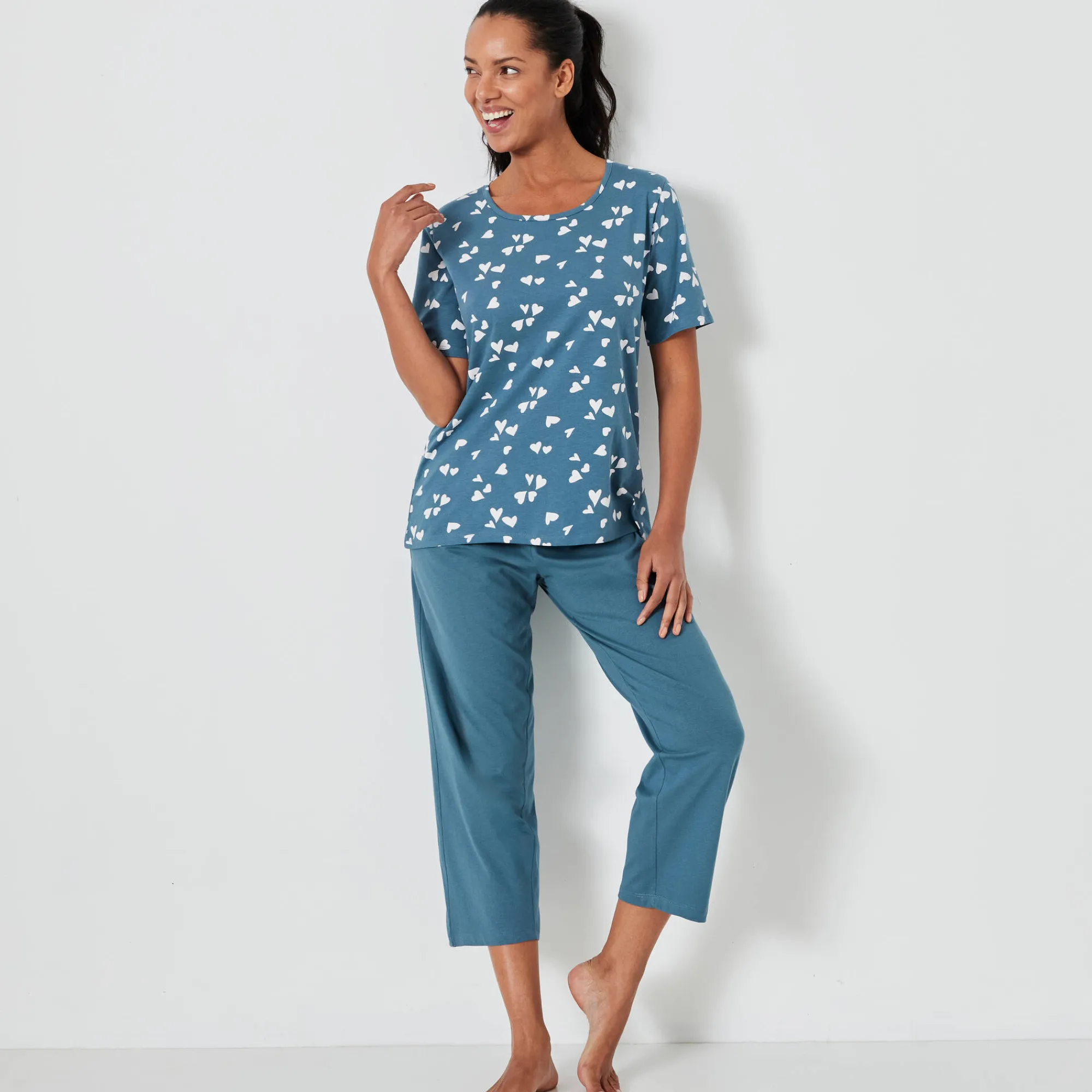 Pyjama<Blancheporte Caprama met hartjesprint smaragd / wit
