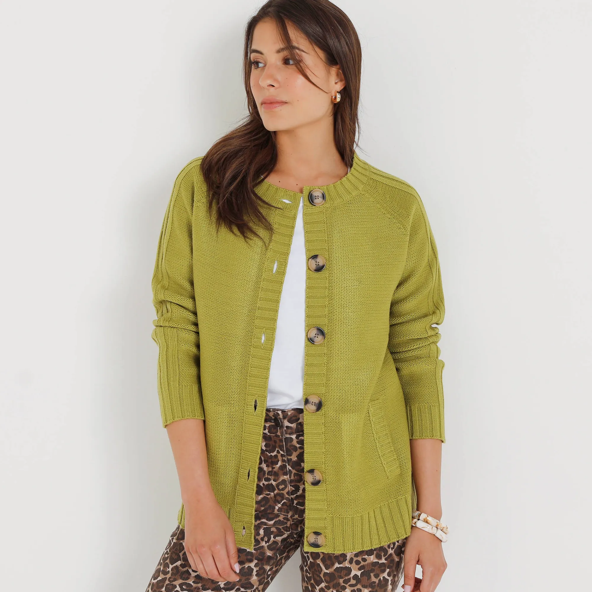 Trui En Vest<Blancheporte Cardigan in fantasietricot met knoopsluiting mosgroen