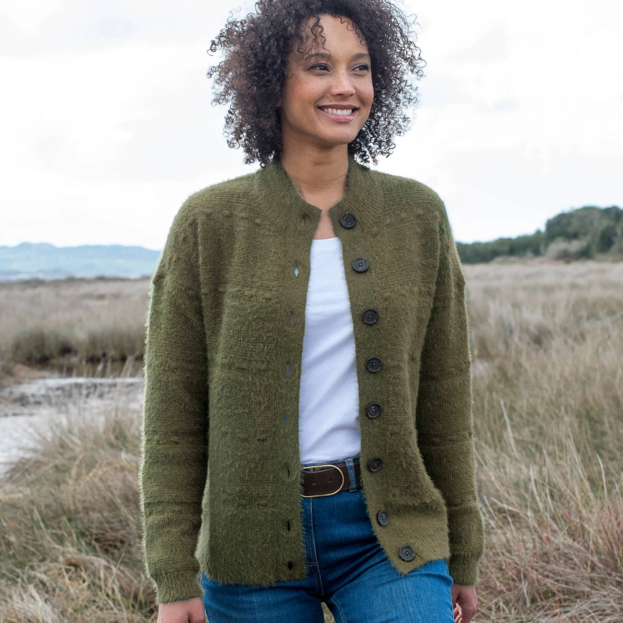 Trui En Vest<Blancheporte Cardigan in harig fantasietricot met knopen lindegroen