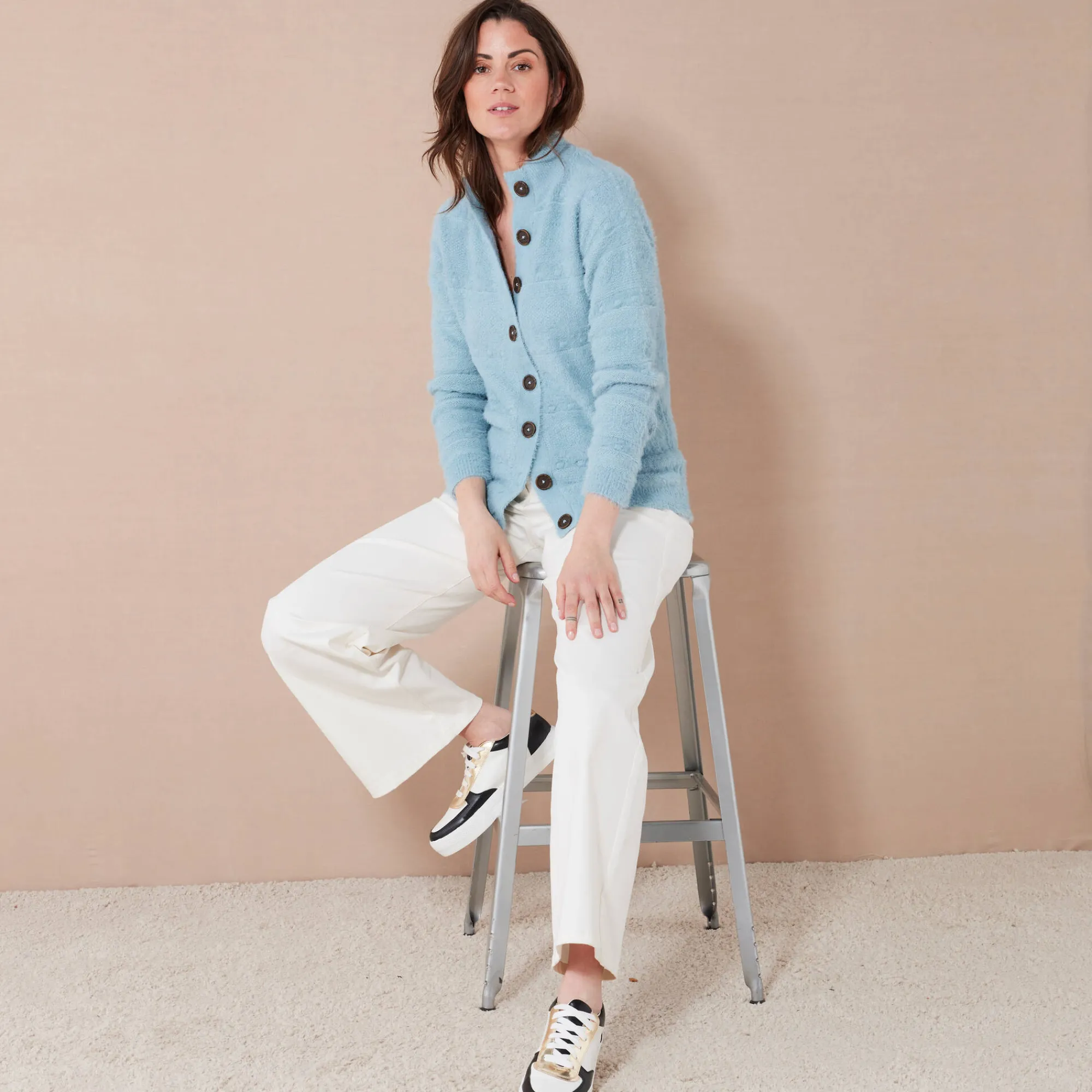 Trui En Vest<Blancheporte Cardigan in harig fantasietricot met knopen blauwgrijs