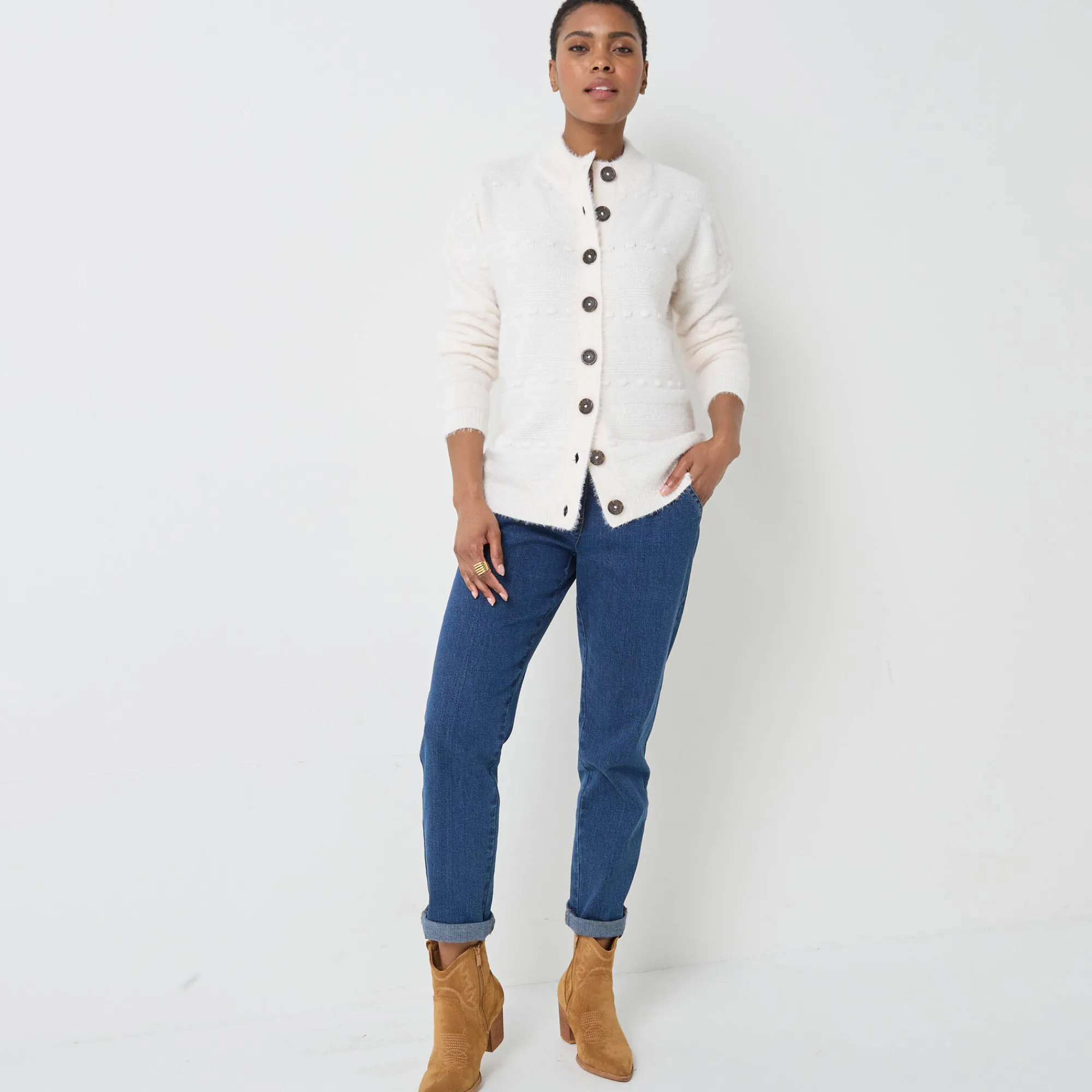 Trui En Vest<Blancheporte Cardigan in harig fantasietricot met knopen ecru