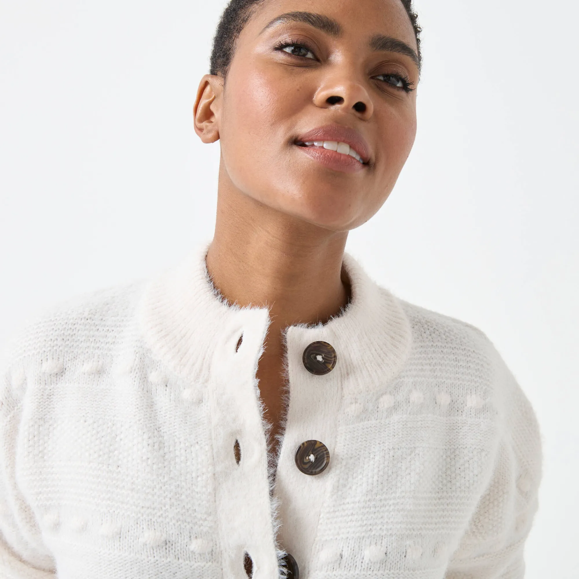 Trui En Vest<Blancheporte Cardigan in harig fantasietricot met knopen ecru
