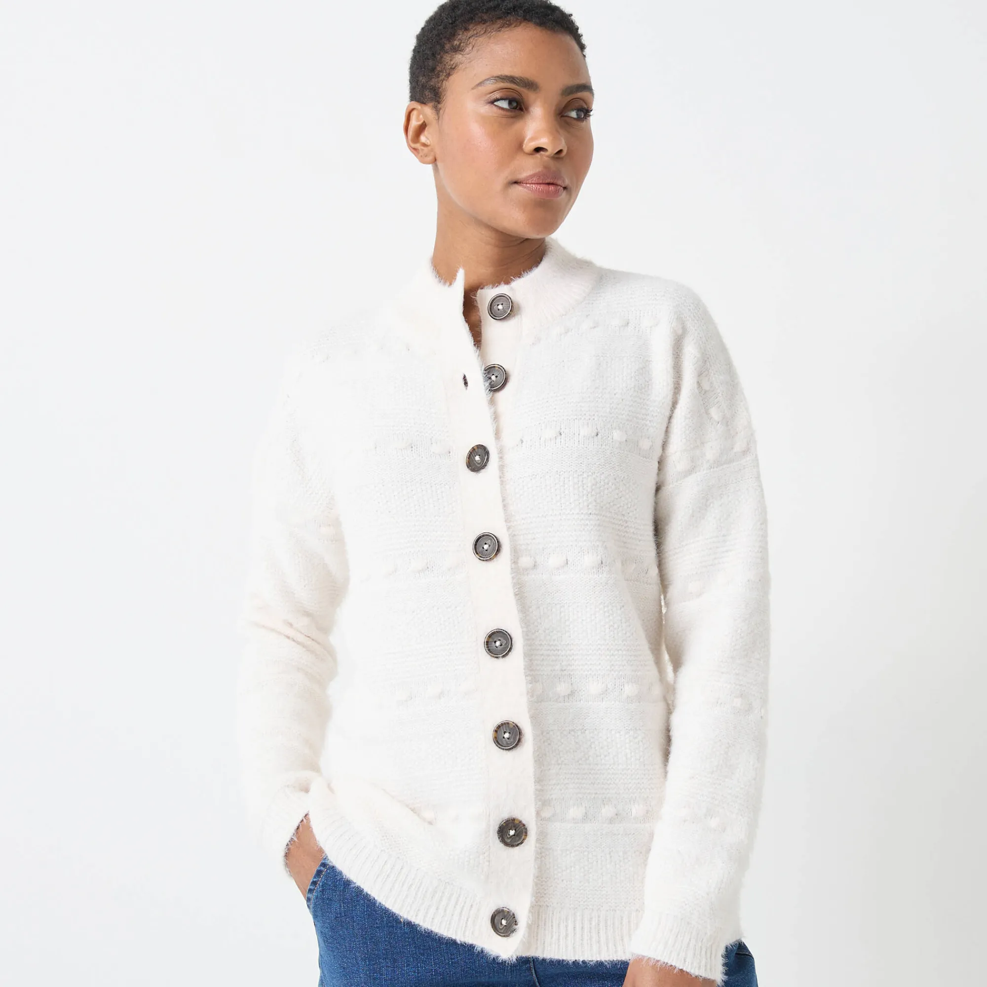 Trui En Vest<Blancheporte Cardigan in harig fantasietricot met knopen ecru