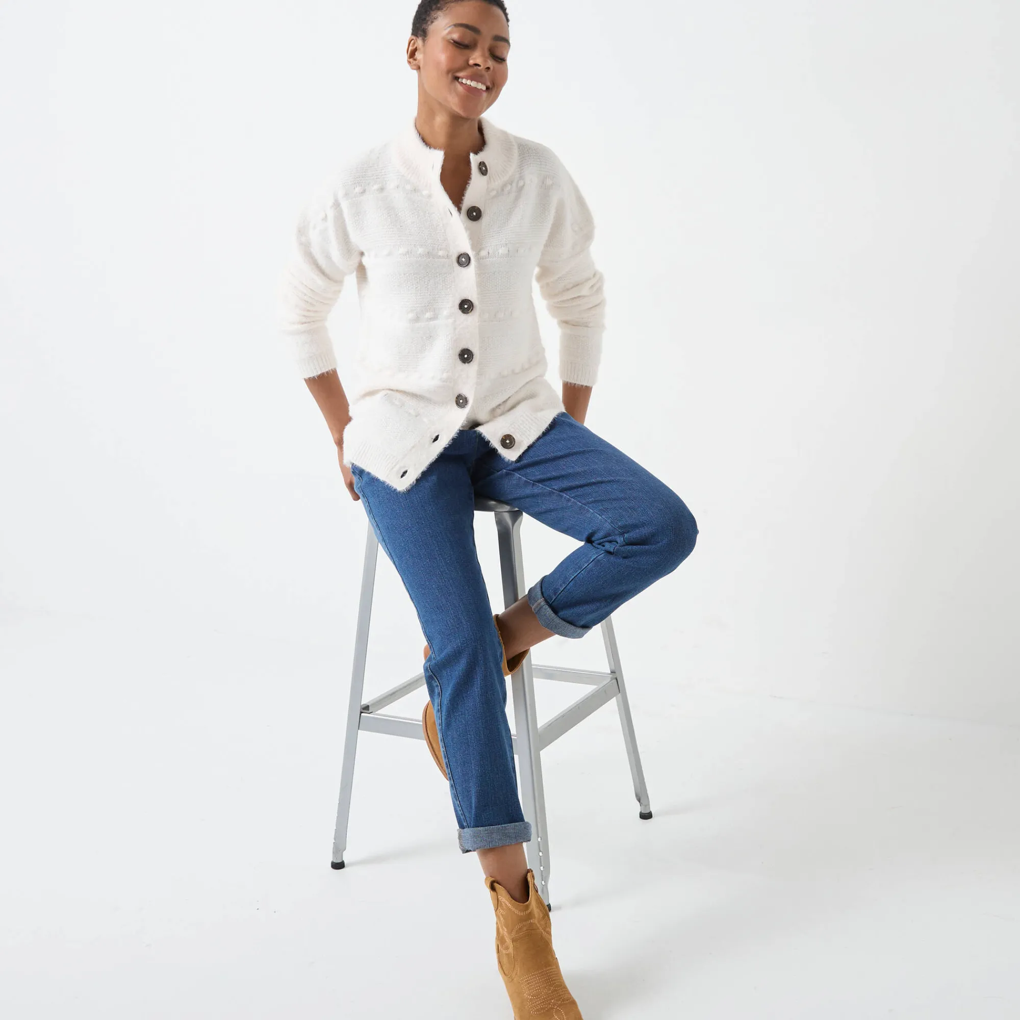 Trui En Vest<Blancheporte Cardigan in harig fantasietricot met knopen ecru