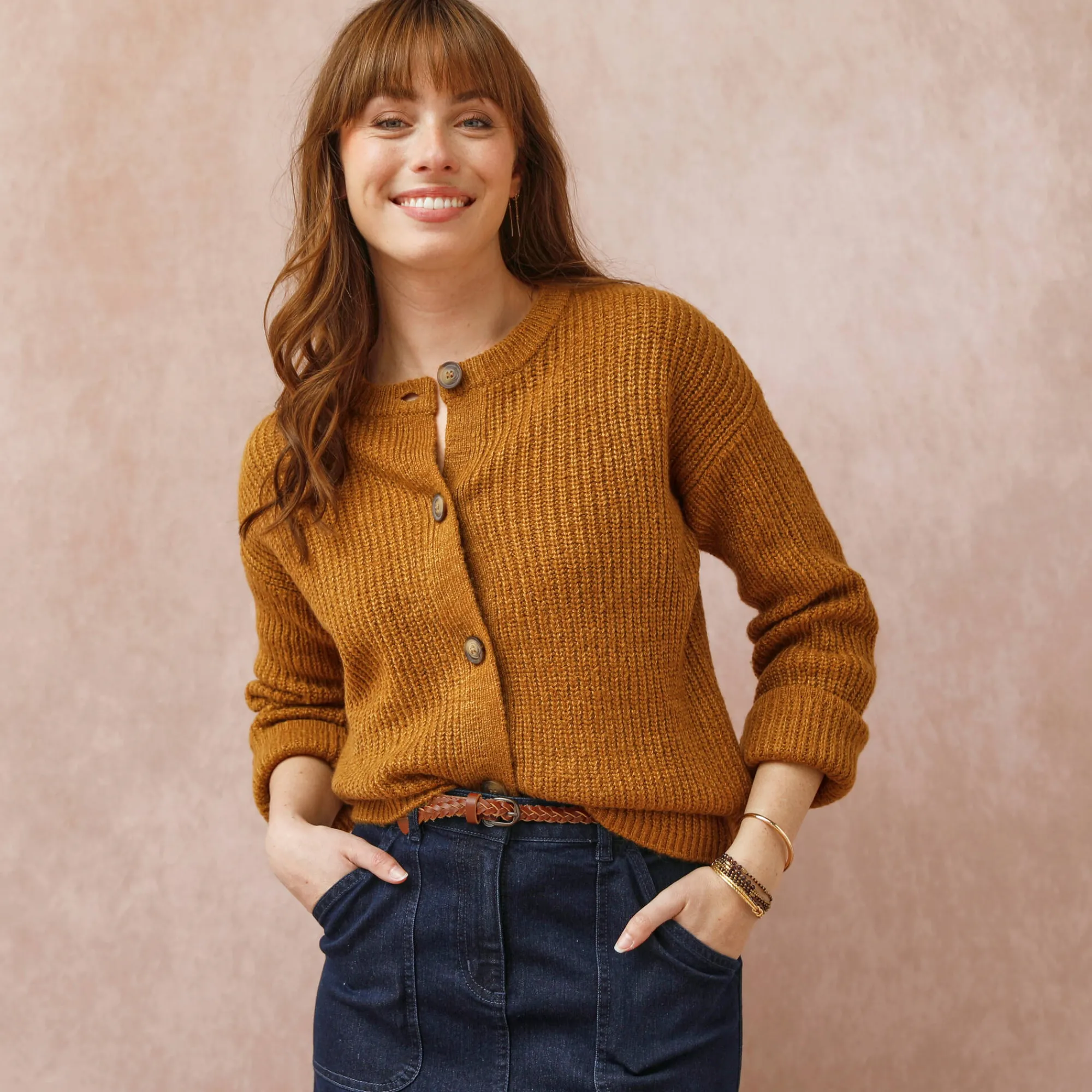 Trui En Vest<Blancheporte Cardigan in patenttricot met knoopsluiting en lange mouwen chiné havanna