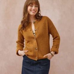Trui En Vest<Blancheporte Cardigan in patenttricot met knoopsluiting en lange mouwen chiné havanna