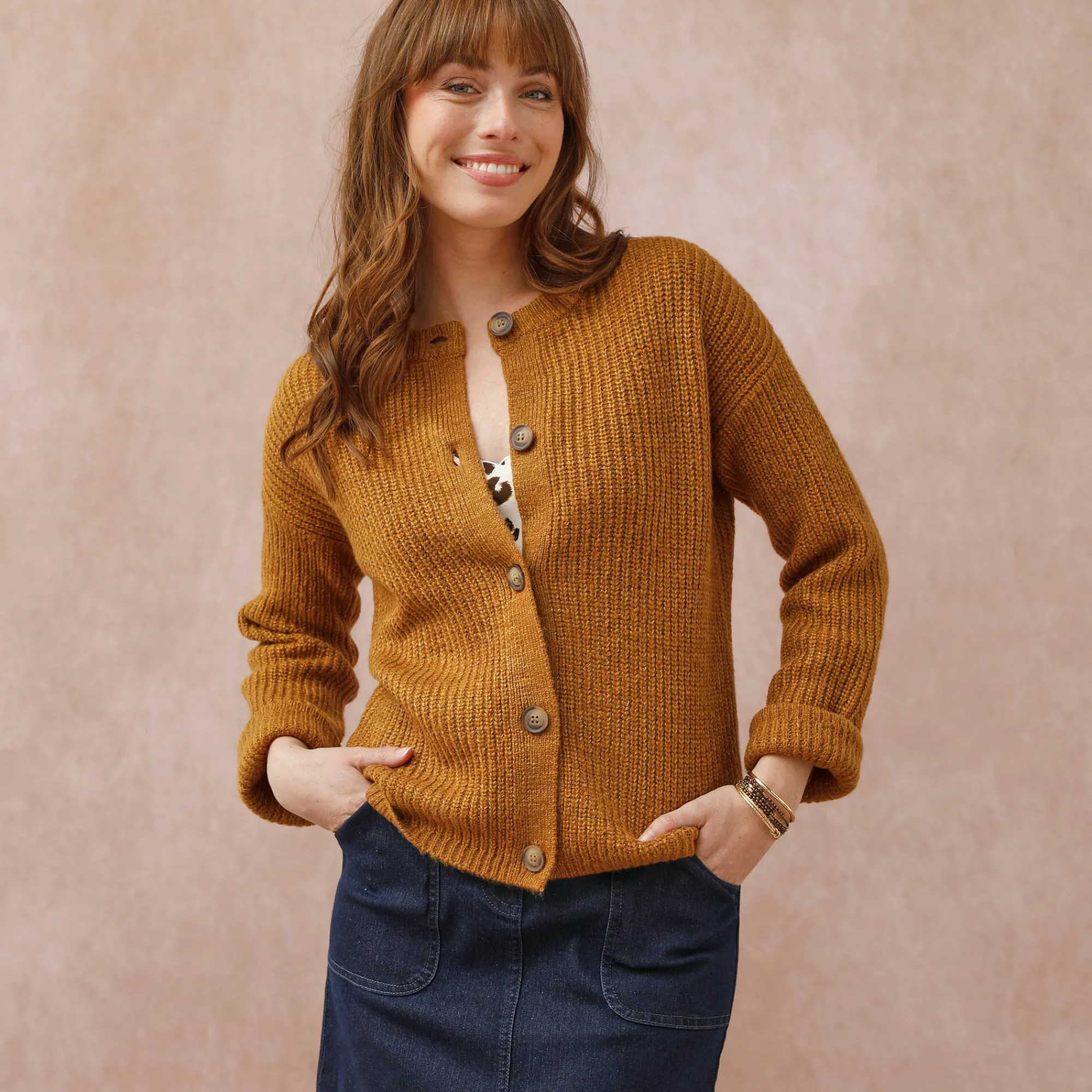 Trui En Vest<Blancheporte Cardigan in patenttricot met knoopsluiting en lange mouwen chiné havanna