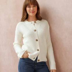 Trui En Vest<Blancheporte Cardigan in patenttricot met knoopsluiting en lange mouwen ecru