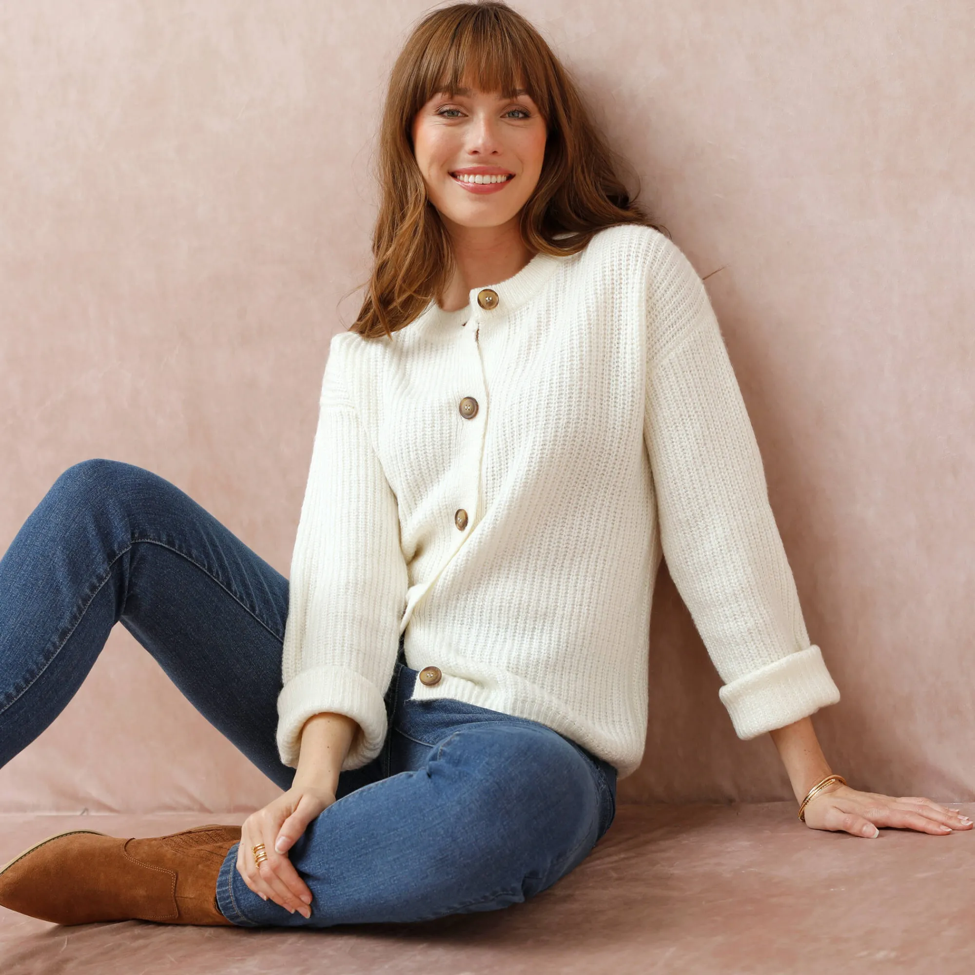 Trui En Vest<Blancheporte Cardigan in patenttricot met knoopsluiting en lange mouwen ecru