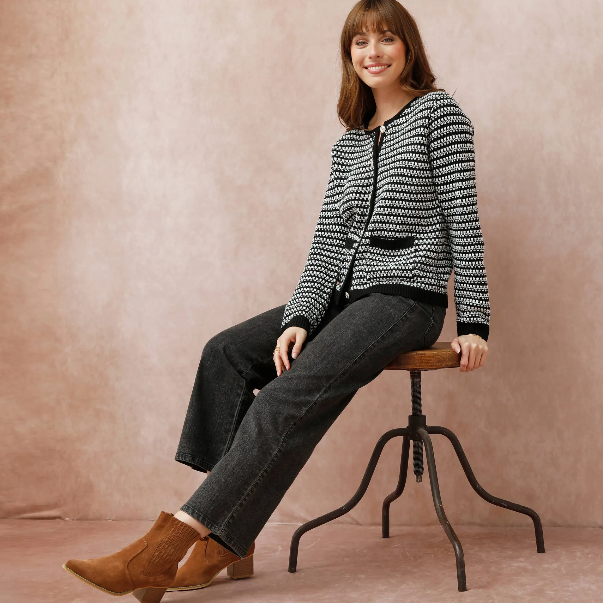 Trui En Vest<Blancheporte Cardigan in tweekleurig jacquardtricot zwart / ecru
