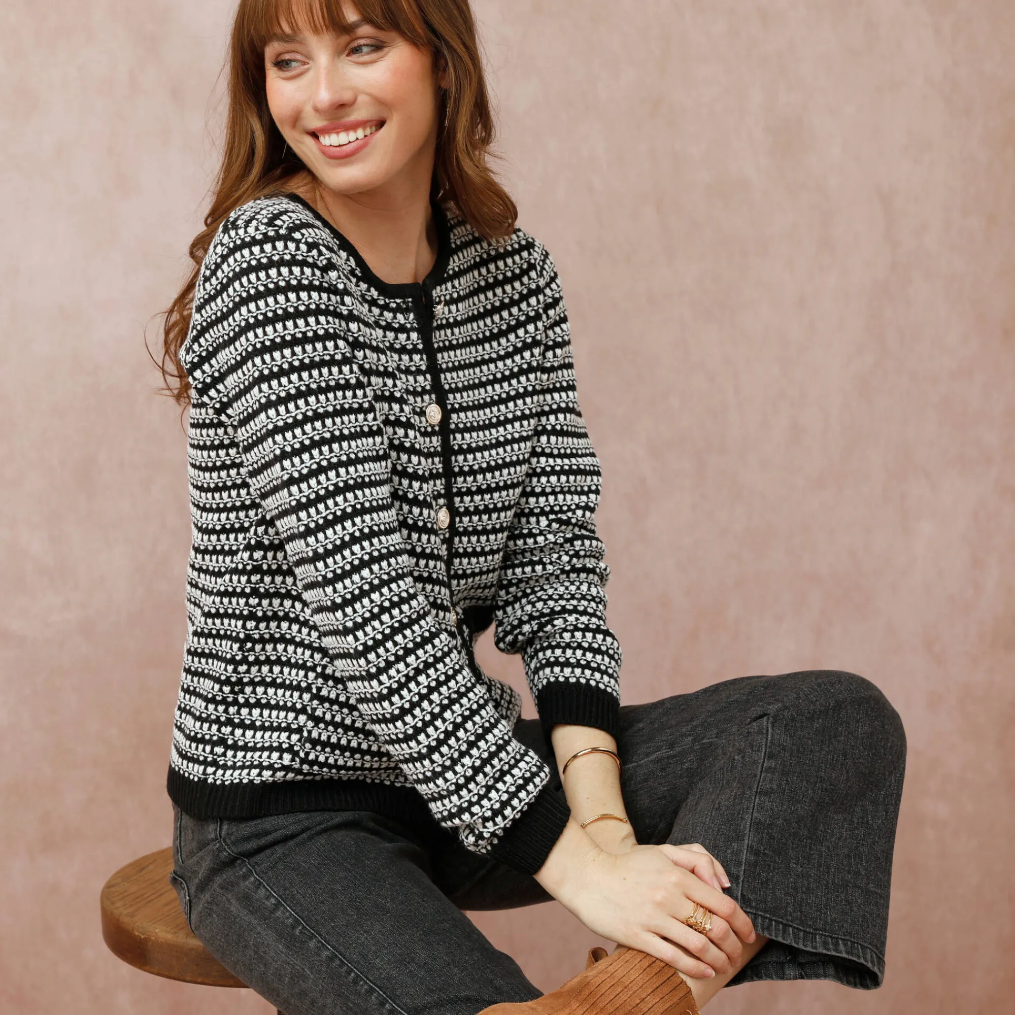 Trui En Vest<Blancheporte Cardigan in tweekleurig jacquardtricot zwart / ecru