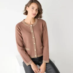 Feestoutfits Dames|Trui En Vest<Blancheporte Cardigan met goudkleurige knopen, glanzende details hazelnootbruin