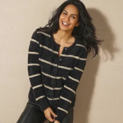 Feestoutfits Dames|Trui En Vest<Blancheporte Cardigan met goudkleurige strepen, harig tricot zwart / goudkleurig