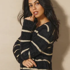 Feestoutfits Dames|Trui En Vest<Blancheporte Cardigan met goudkleurige strepen, harig tricot zwart / goudkleurig