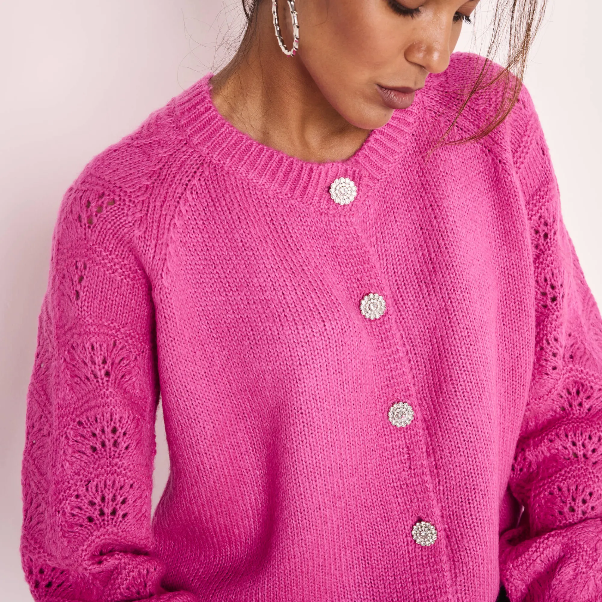 Feestoutfits Dames|Trui En Vest<Blancheporte Cardigan met 'juweel' knopen fuchsiaroze