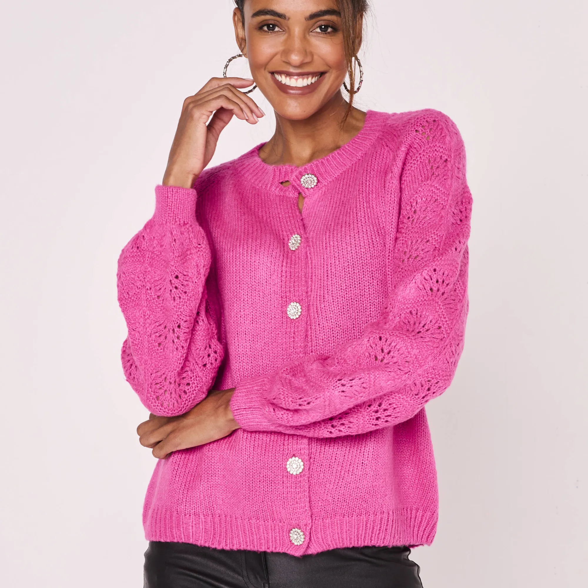 Feestoutfits Dames|Trui En Vest<Blancheporte Cardigan met 'juweel' knopen fuchsiaroze