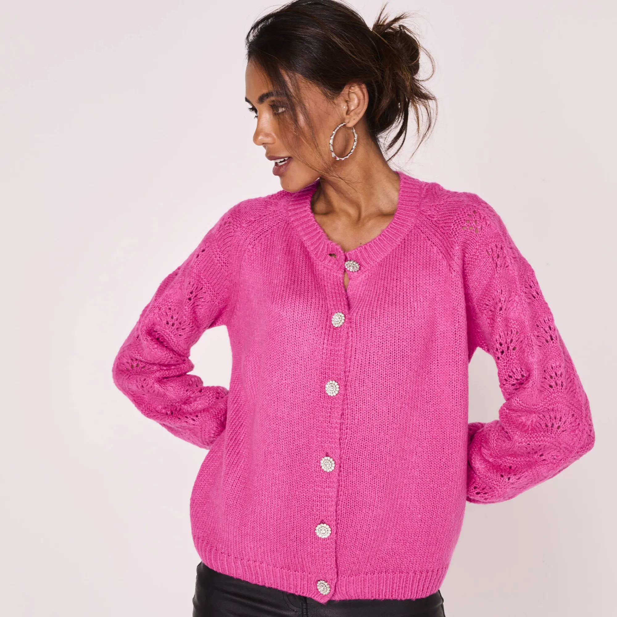 Feestoutfits Dames|Trui En Vest<Blancheporte Cardigan met 'juweel' knopen fuchsiaroze
