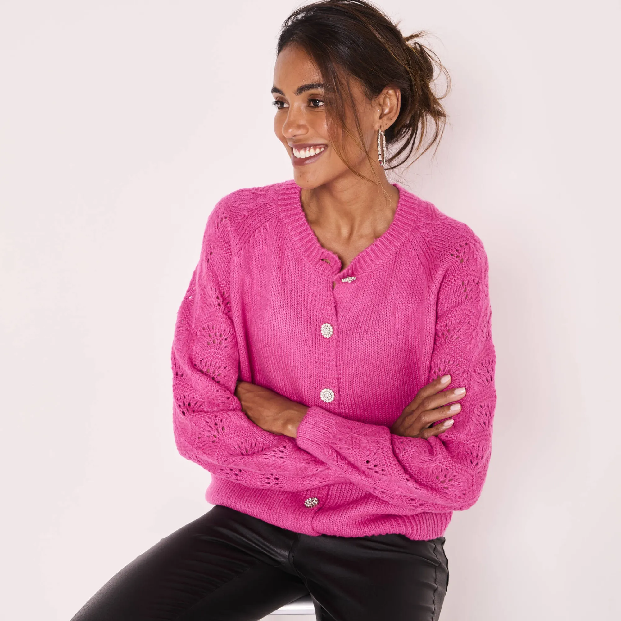 Feestoutfits Dames|Trui En Vest<Blancheporte Cardigan met 'juweel' knopen fuchsiaroze