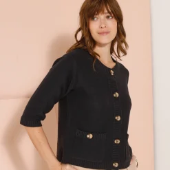 Trui En Vest<Blancheporte Cardigan met knoopsluiting en zakken, mouwen op ellebooglengte marine