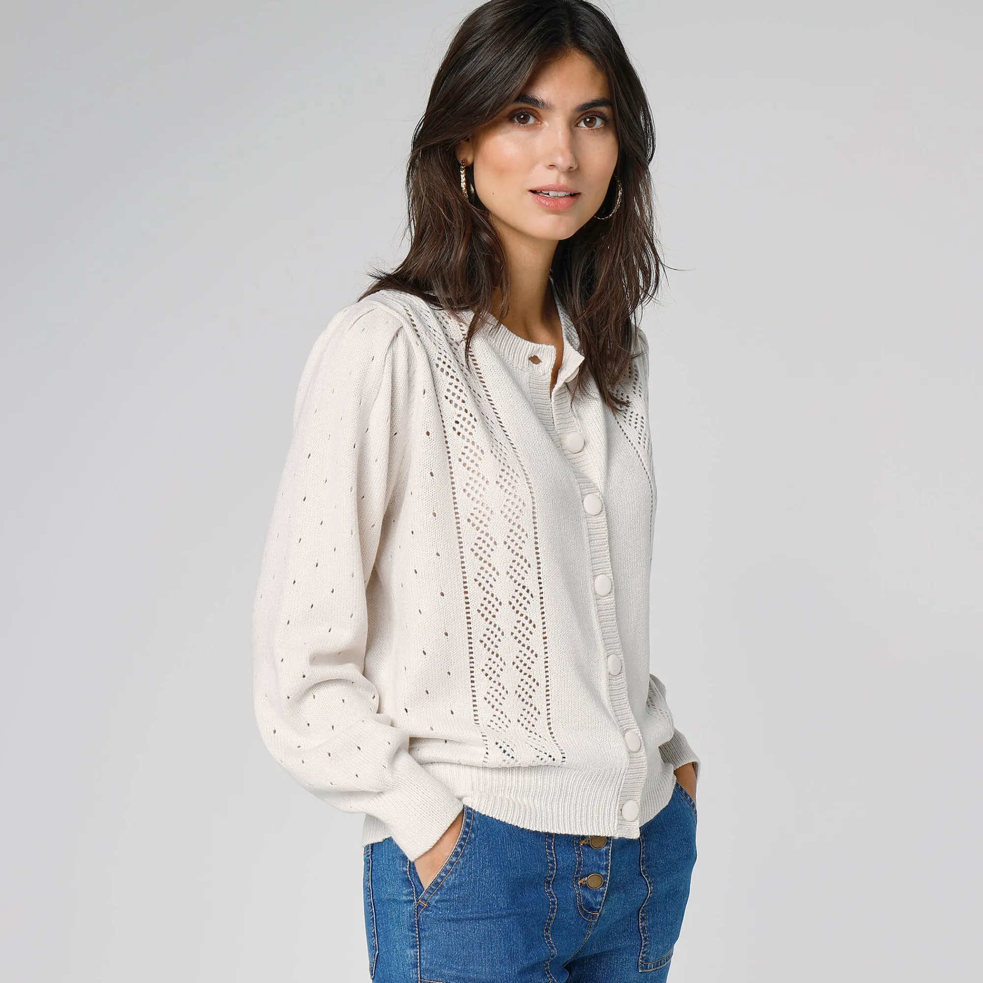 Trui En Vest<Blancheporte Cardigan met knoopsluiting, ajourtricot ecru