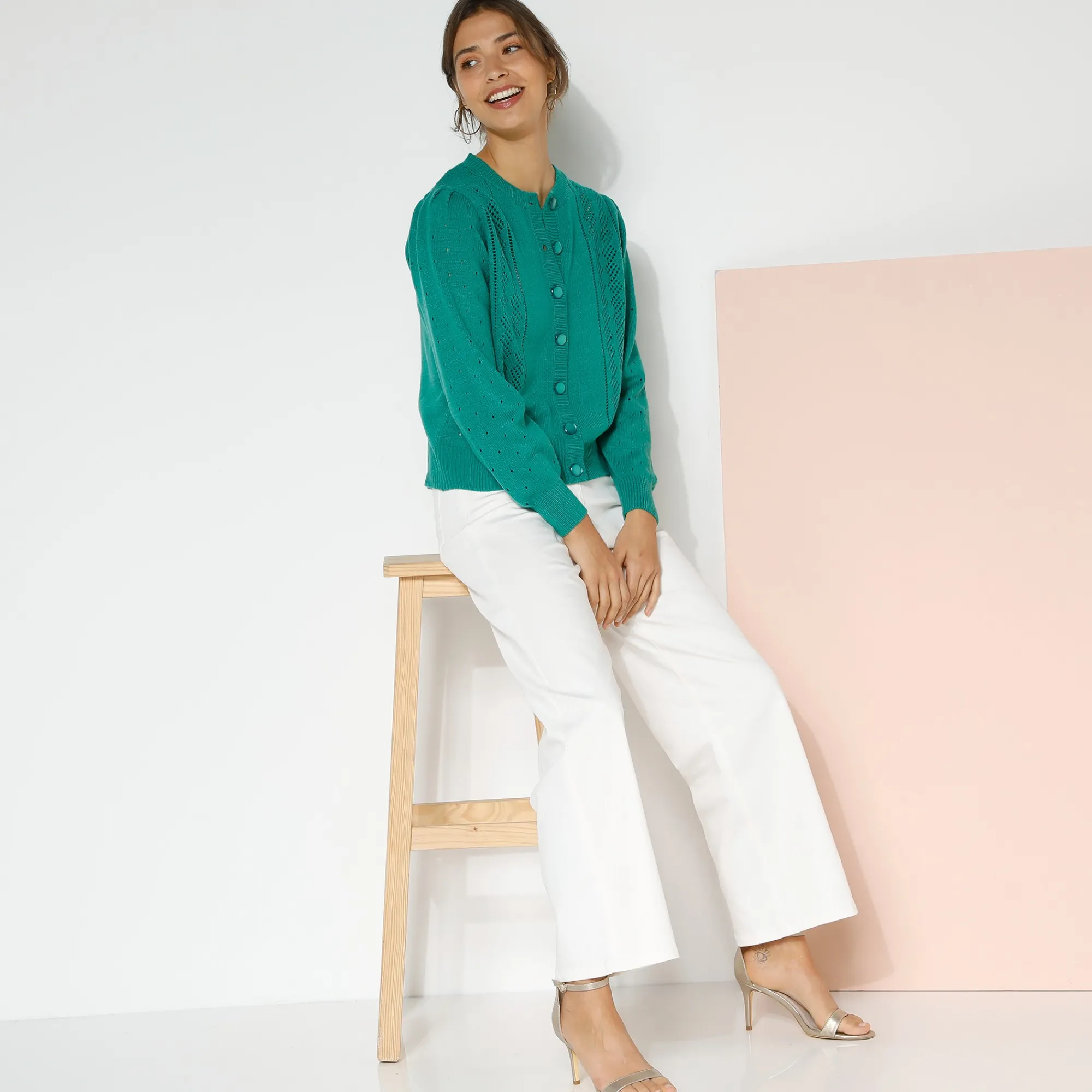 Trui En Vest<Blancheporte Cardigan met knoopsluiting, ajourtricot groen