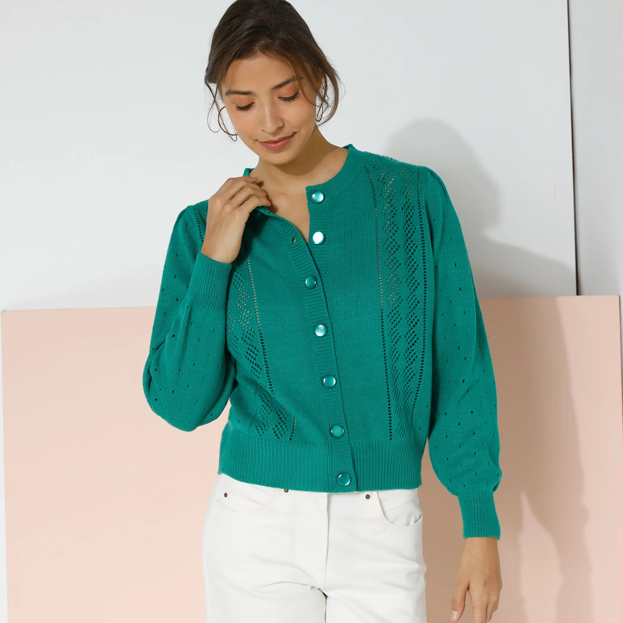 Trui En Vest<Blancheporte Cardigan met knoopsluiting, ajourtricot groen