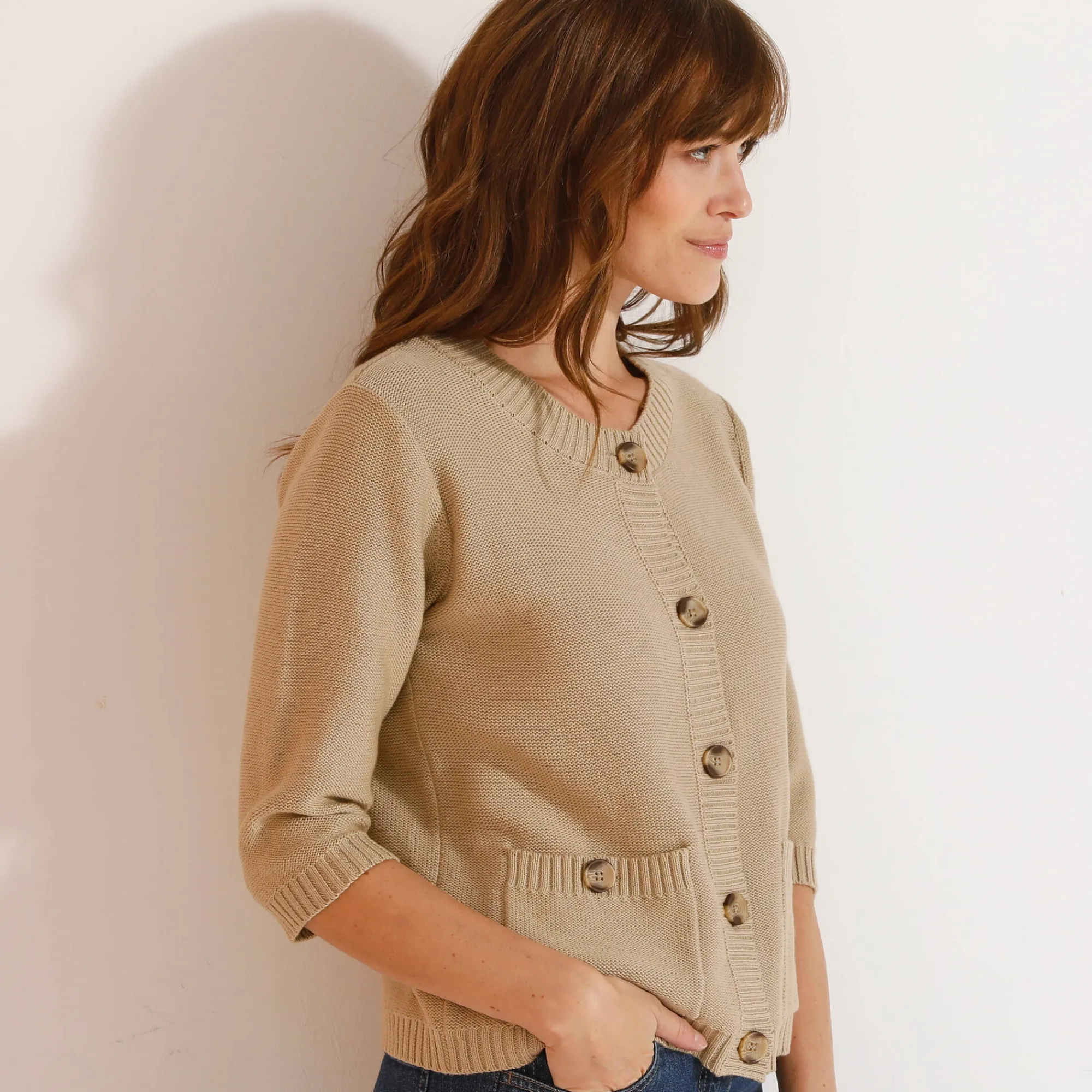 Trui En Vest<Blancheporte Cardigan met knoopsluiting en zakken, mouwen op ellebooglengte vlaskleur
