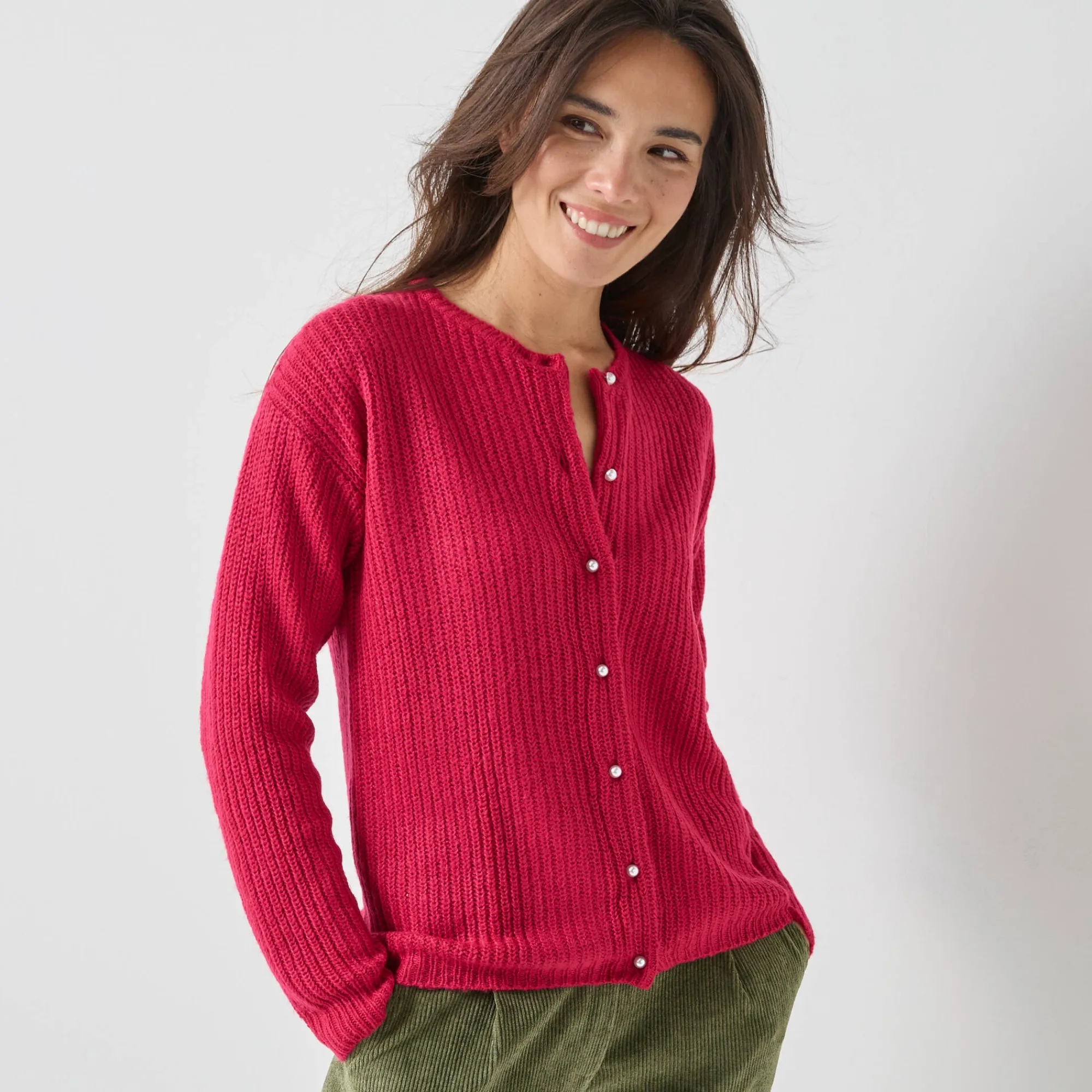 Trui En Vest<Blancheporte Cardigan met parelknopen en mohairtouch framboos