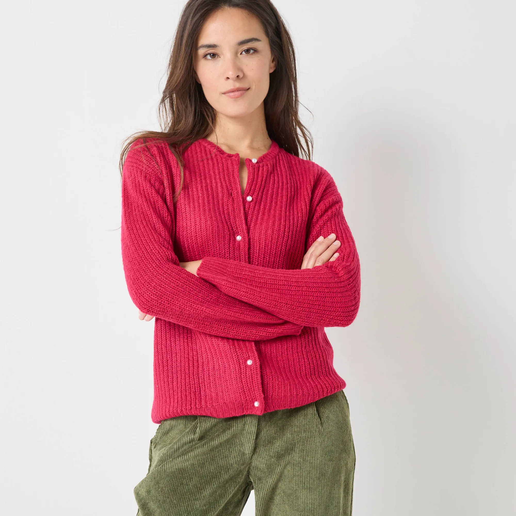 Trui En Vest<Blancheporte Cardigan met parelknopen en mohairtouch framboos