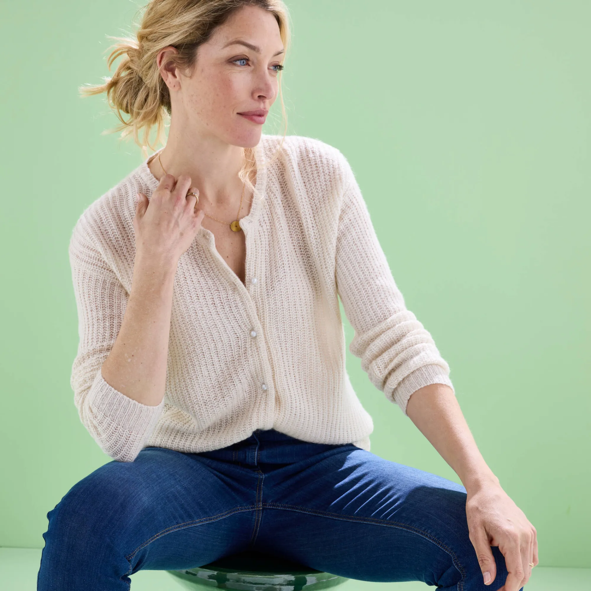Trui En Vest<Blancheporte Cardigan met parelknopen en mohairtouch ecru