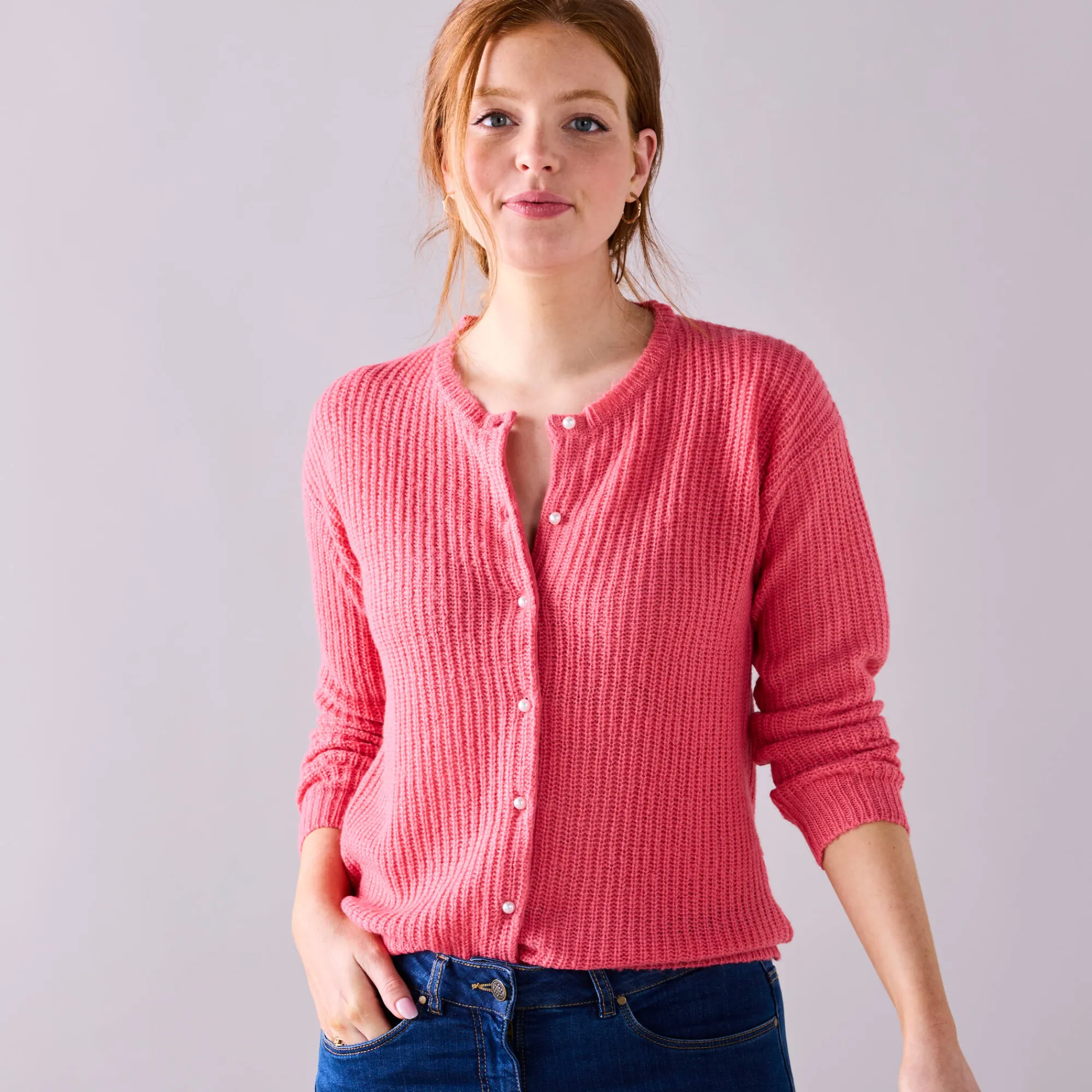 Trui En Vest<Blancheporte Cardigan met parelknopen en mohairtouch blushroze