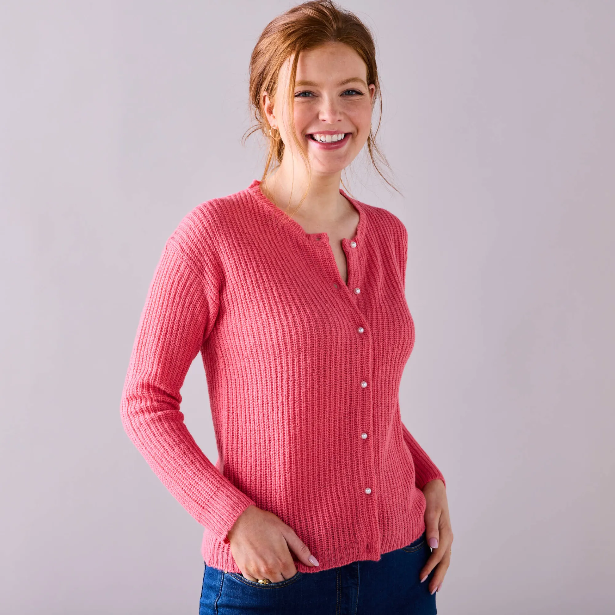 Trui En Vest<Blancheporte Cardigan met parelknopen en mohairtouch blushroze