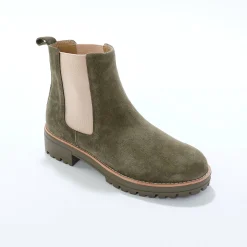 Bottines En Boots|Schoenen<Blancheporte Chelsea boots in splitleer, dikke, geribbelde zool kaki
