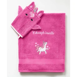 Badhanddoek|Handdoek En Badlaken Kids<Colombine des petits Collectie in badstof voor kids, geborduurde eenhoorn, gepersonaliseerd fuchsia