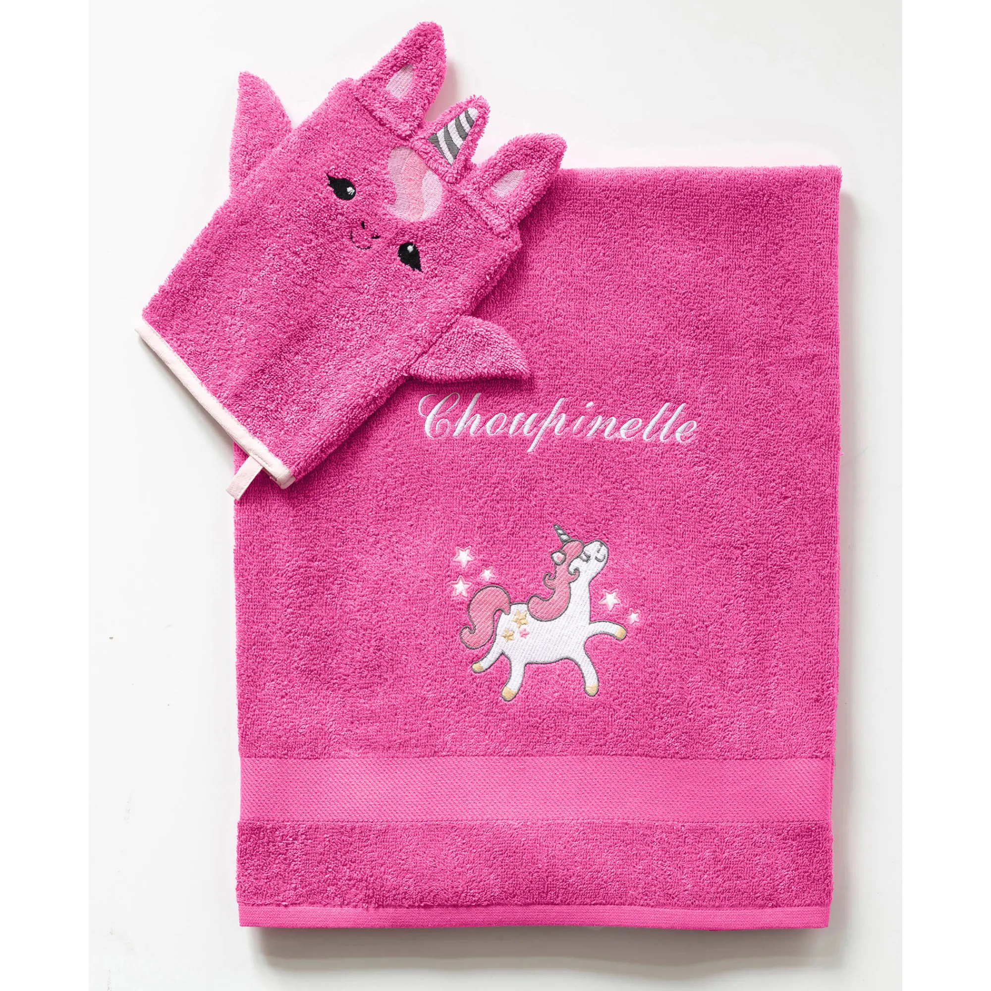 Badhanddoek|Handdoek En Badlaken Kids<Colombine des petits Collectie in badstof voor kids, geborduurde eenhoorn, gepersonaliseerd fuchsia