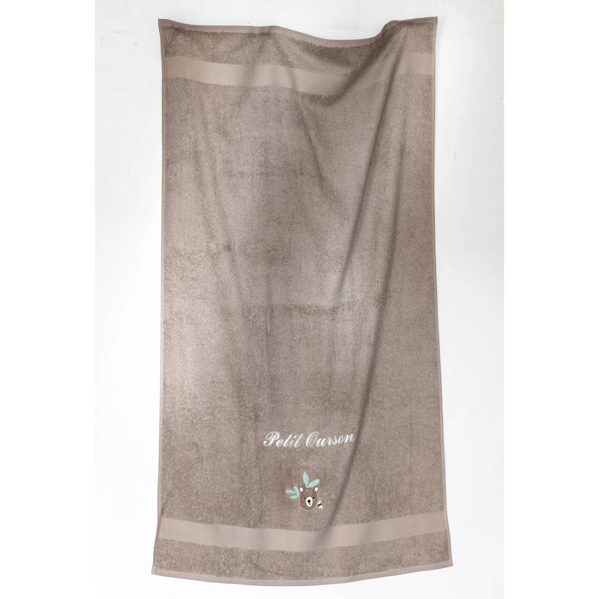 Badhanddoek|Handdoek En Badlaken Kids<Colombine des petits Collectie in badstof voor kids met beertjesbordursel, gepersonaliseerd taupe