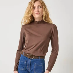 T-Shirt En Topje|Trui En Vest<Blancheporte Coltrui, opstaand kraagje met krulrandje, effen chocolade