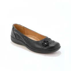 Ballerina's|Schoenen<Blancheporte Comfortabele brede leren ballerina's met bloemapplicatie zwart