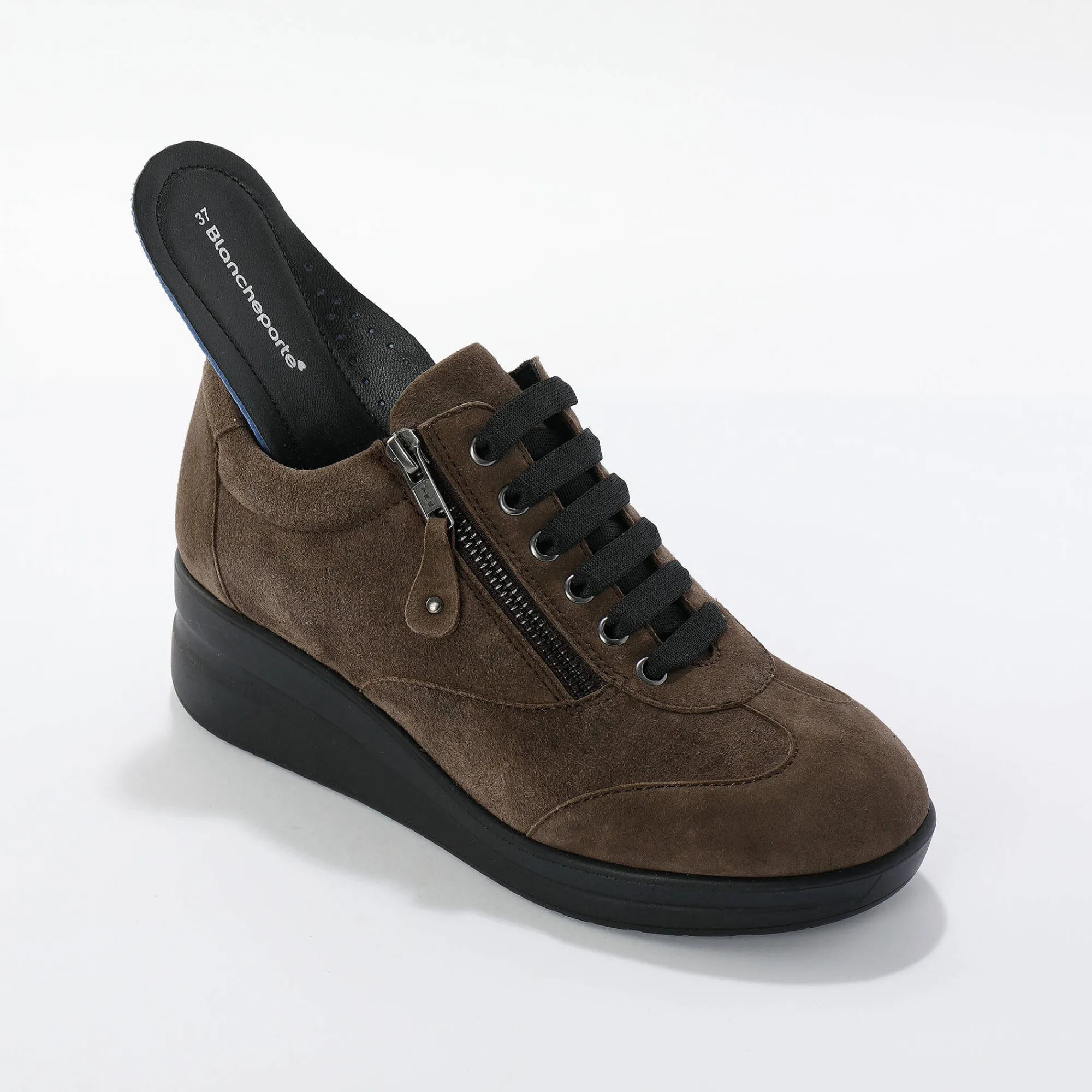 Baskets En Sneakers|Schoenen<Blancheporte Comfortabele leren sneakers met sleehak, LWG gecertificeerd taupe