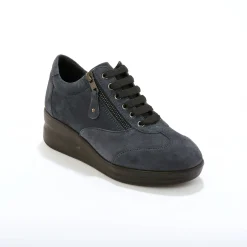 Baskets En Sneakers|Schoenen<Blancheporte Comfortabele leren sneakers met sleehak, LWG gecertificeerd grijsblauw