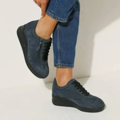 Baskets En Sneakers|Schoenen<Blancheporte Comfortabele leren sneakers met sleehak, LWG gecertificeerd grijsblauw