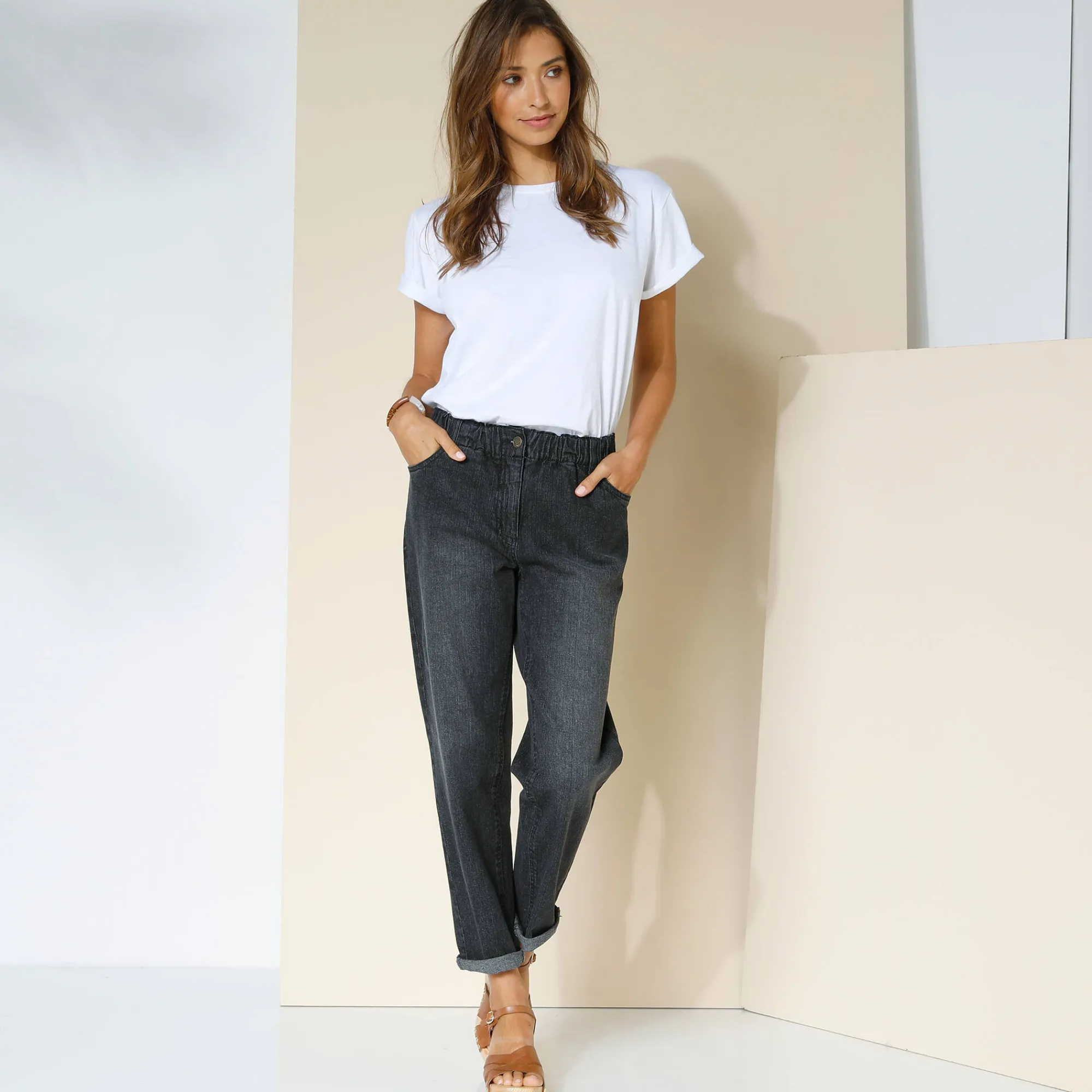 Jeans<Blancheporte Comfortabele stretchjeans in 'mom' model, elastische taille zwart