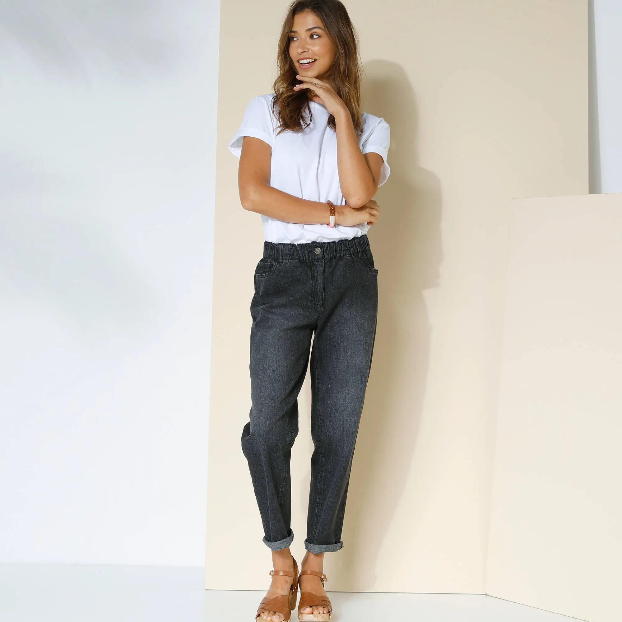 Jeans<Blancheporte Comfortabele stretchjeans in 'mom' model, elastische taille zwart