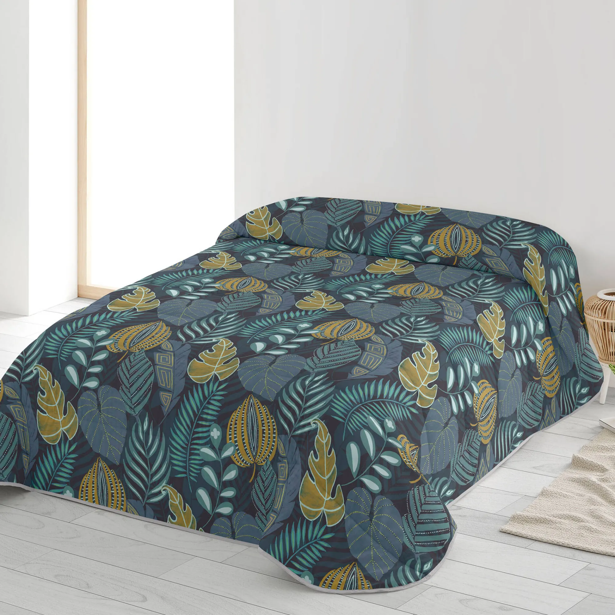 Dekbed<Blancheporte Dekbed in microvezel met Bladerenprint - 200 g/m2 eendenblauw / honing