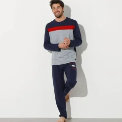 Pyjama En Kamerjas<Blancheporte Driekleurig pyjamashirt met lange mouwen marine / chiné grijs
